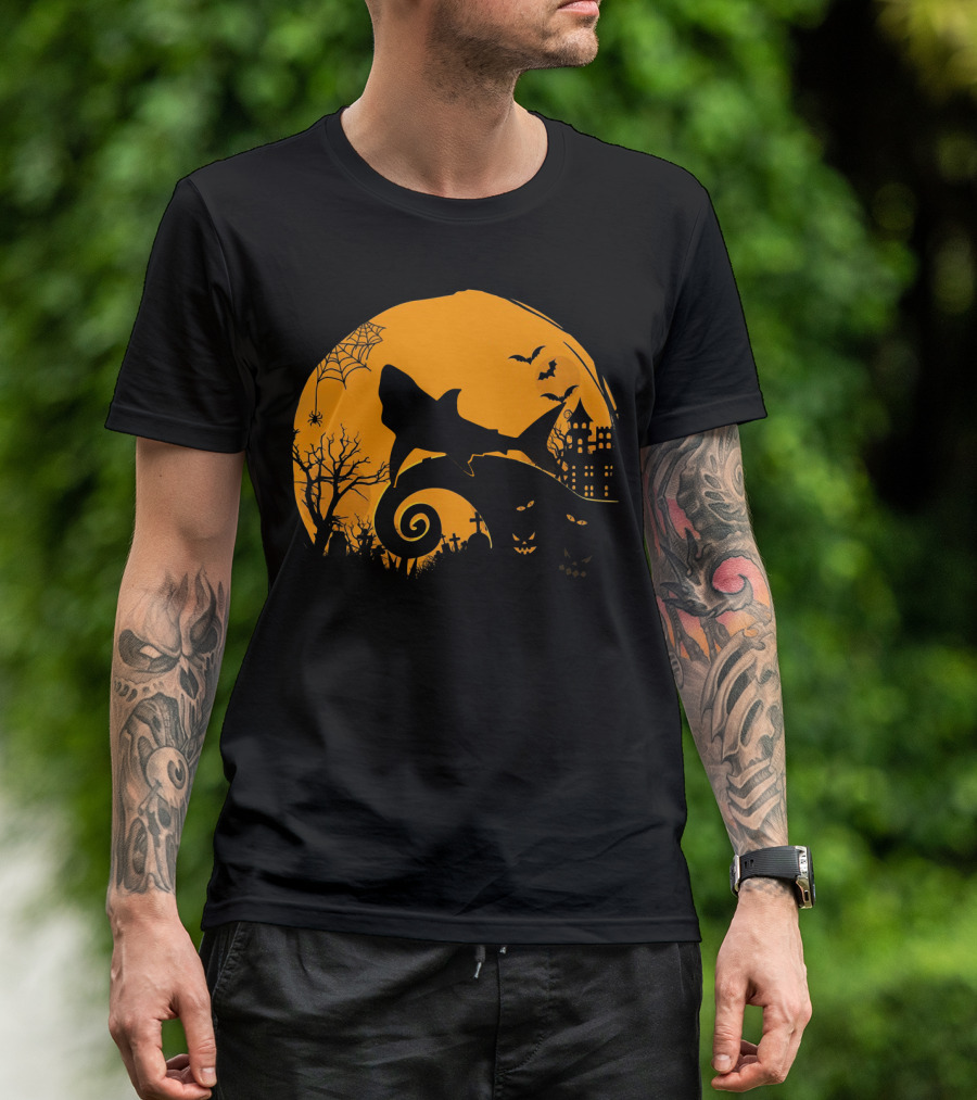 Halloween Shark King Parody In Spooky Nightmarish Setting With Haunted Graveyard Silhouette And Moonlit Spider Web T-Shirt