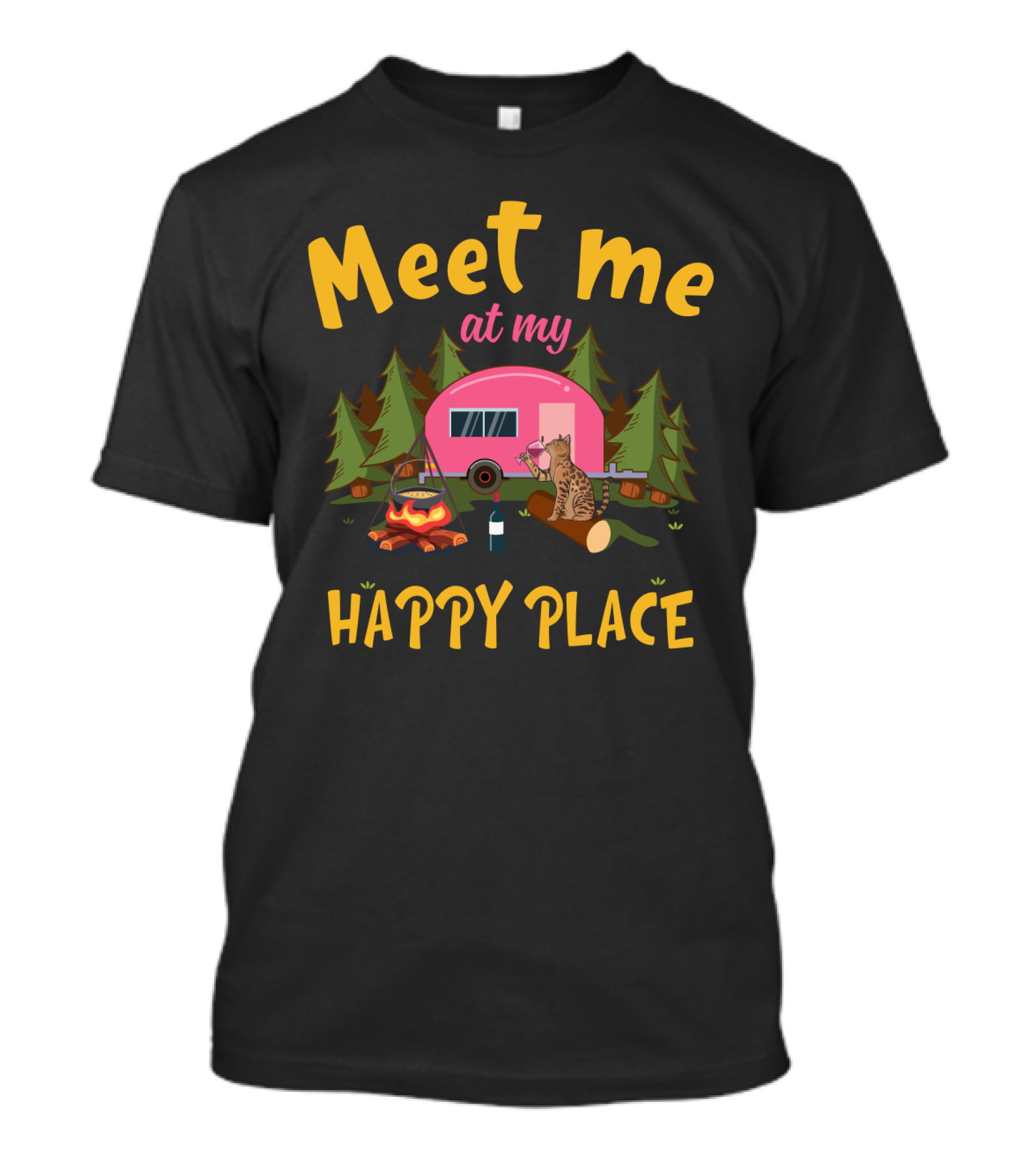 Meet Me At My Happy Place Funny Camping Cat With Wine By Campfire T-Shirt