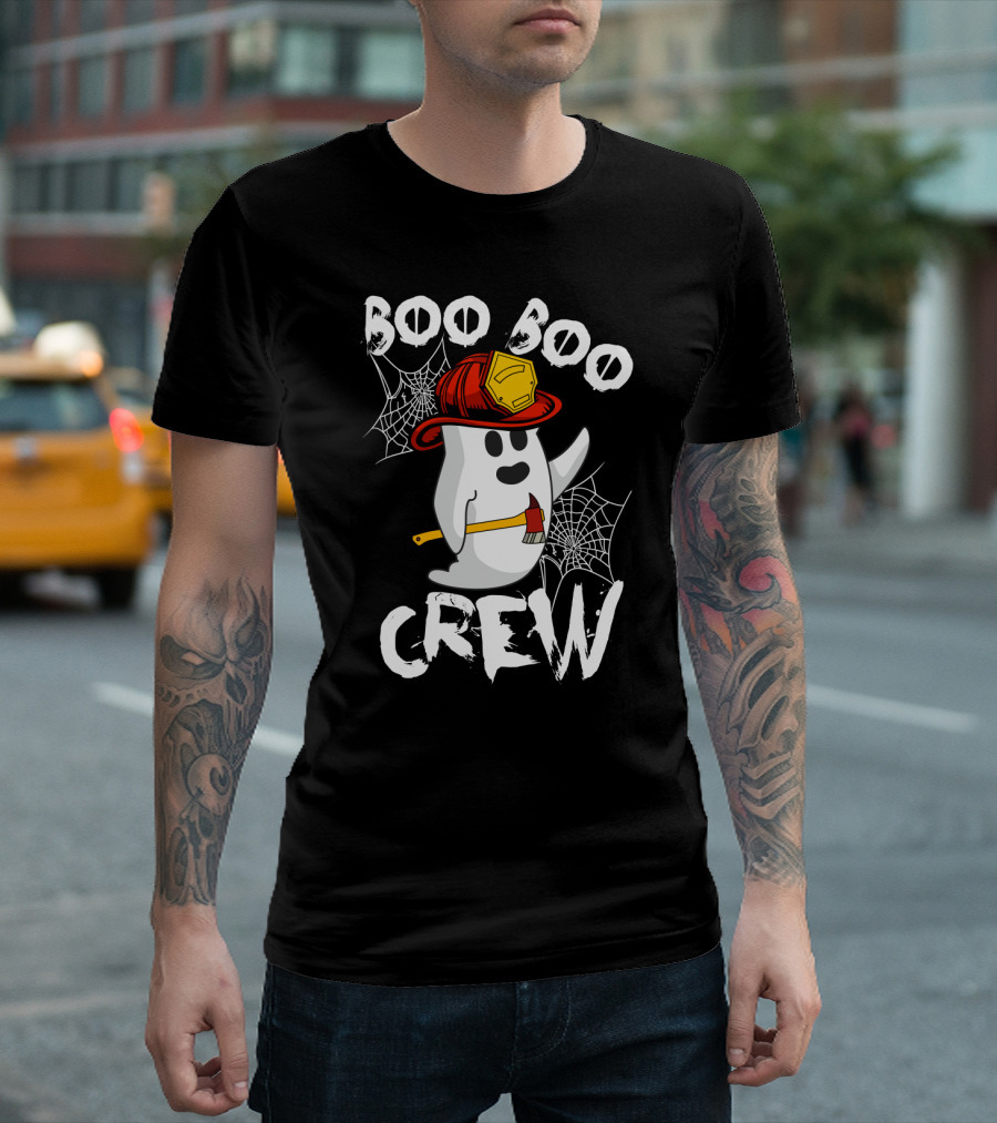 Boo Boo Crew Ghost with Firefighter Helmet and Axe Halloween T-Shirt