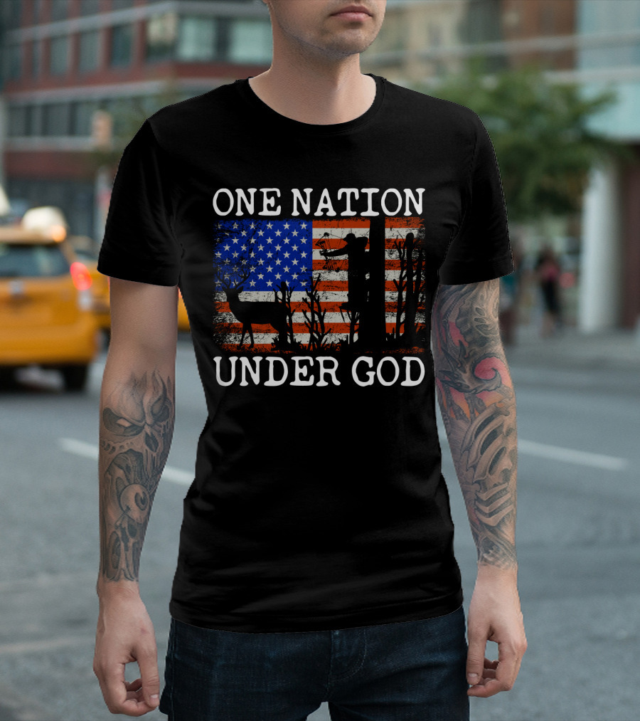 One Nation Under God American Flag Deer Hunting Bow Hunter T-Shirt