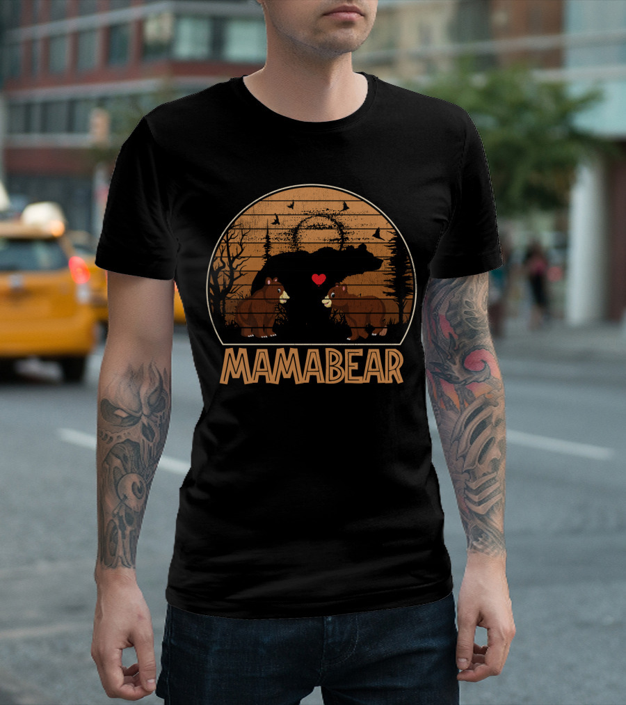 Mama Bear Vintage Sunset with Bears and Heart in Forest Scene T-Shirt