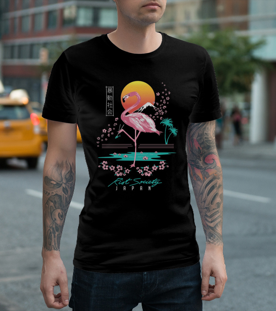 Riot Society Japan Flamingo Blossom Sakura Sunset T-Shirt