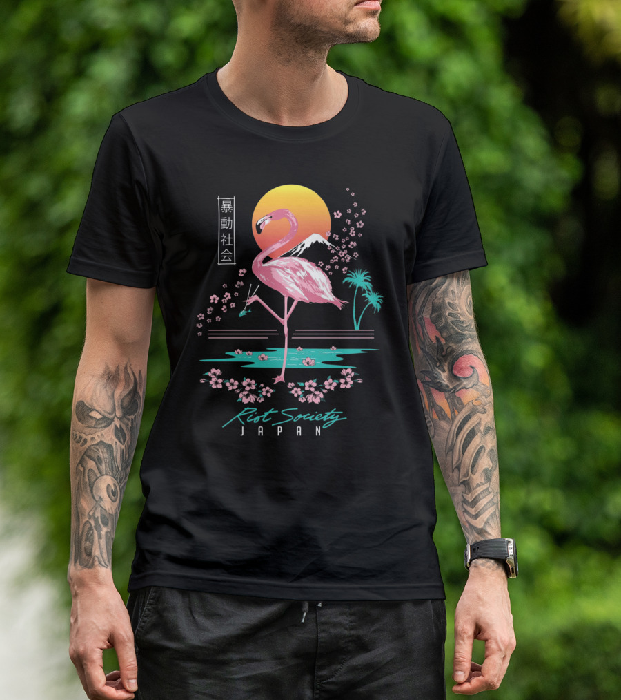 Riot Society Japan Flamingo Blossom Sakura Sunset T-Shirt