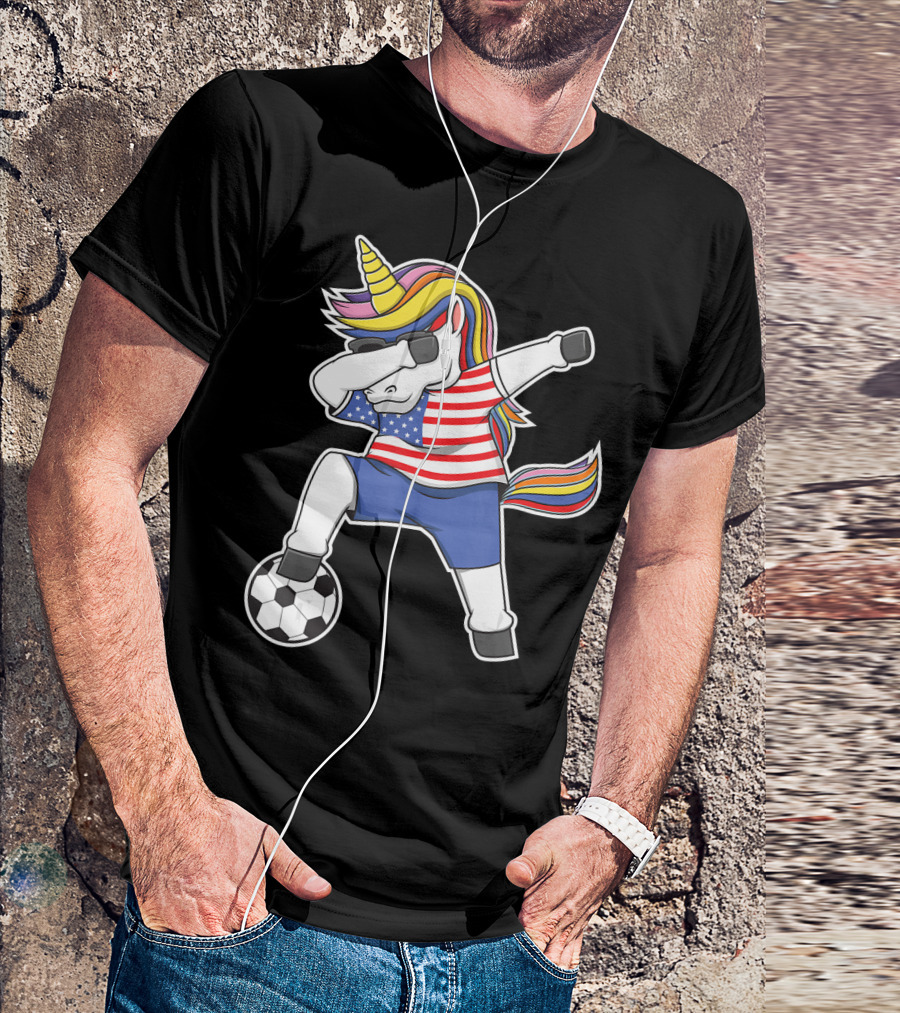 Dabbing Soccer Unicorn USA Girls Unicorn Lover Stars And Stripes Football T-Shirt