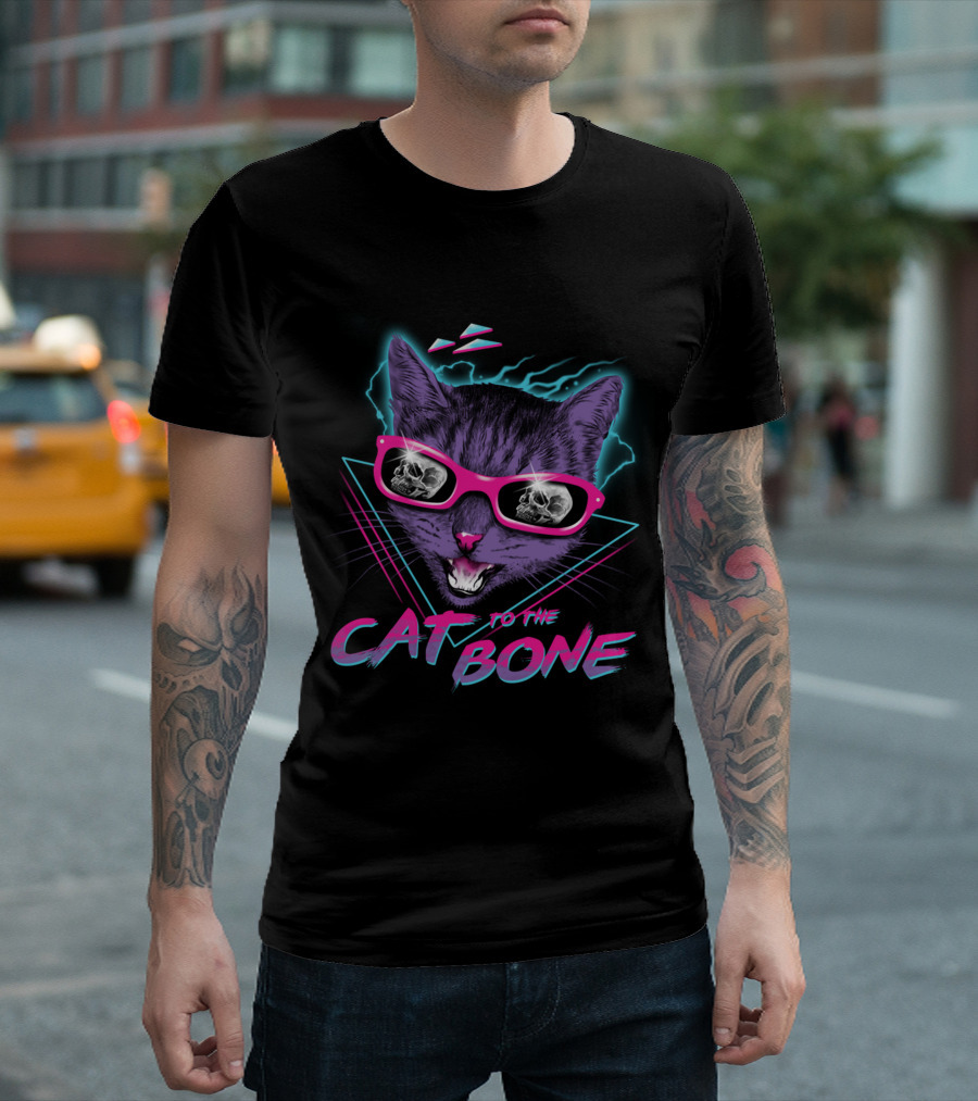 CAT TO THE BONE Retro Neon Cool Cat in Sunglasses with Skull Reflections T-Shirt