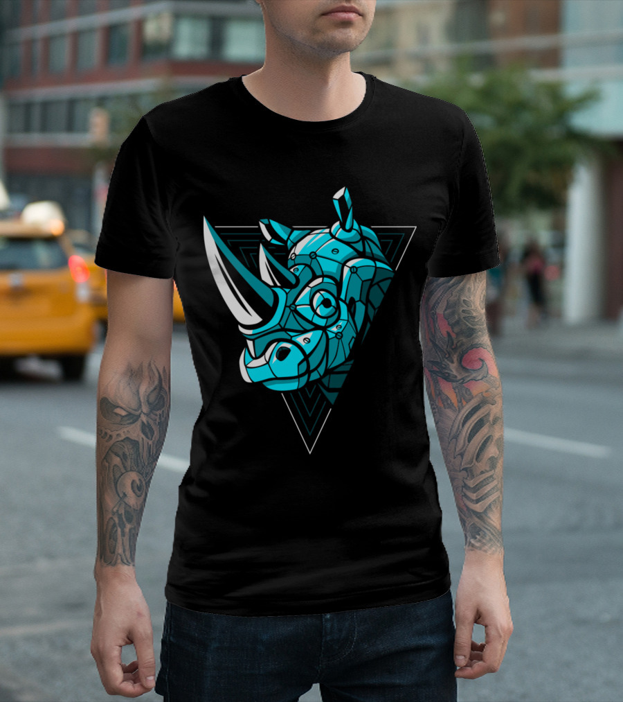 Cybernetic Blue Rhino with Neon Triangle Punk T-Shirt