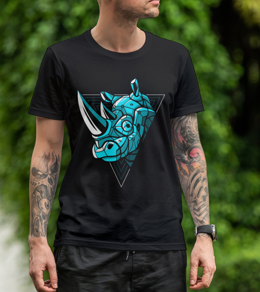 Cybernetic Blue Rhino With Neon Triangle Punk T-Shirt