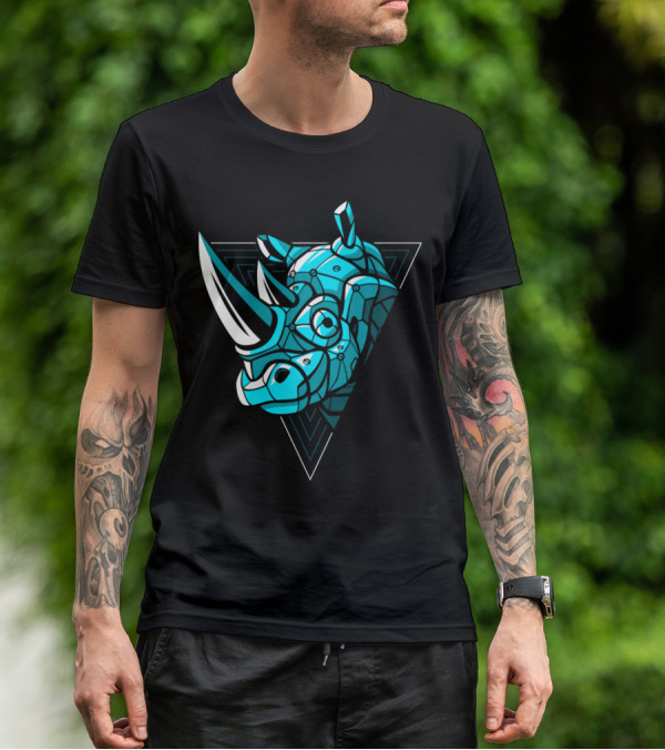 Cybernetic Blue Rhino With Neon Triangle Punk T-Shirt