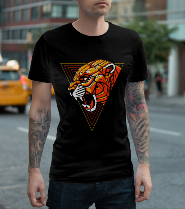 Leopard Punk Machine Geometric Triangle Roaring Face T-Shirt