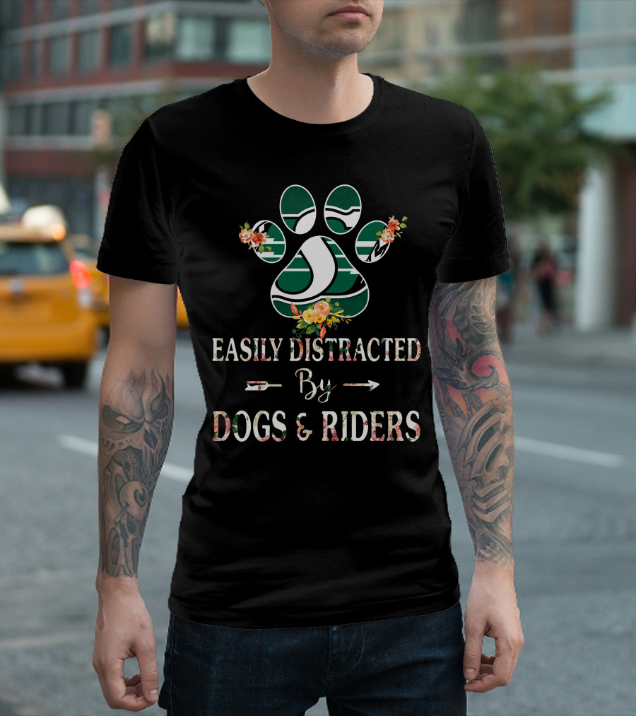 Easily Distracted by Dogs and Riders Paw Print Flower T-Shirt
