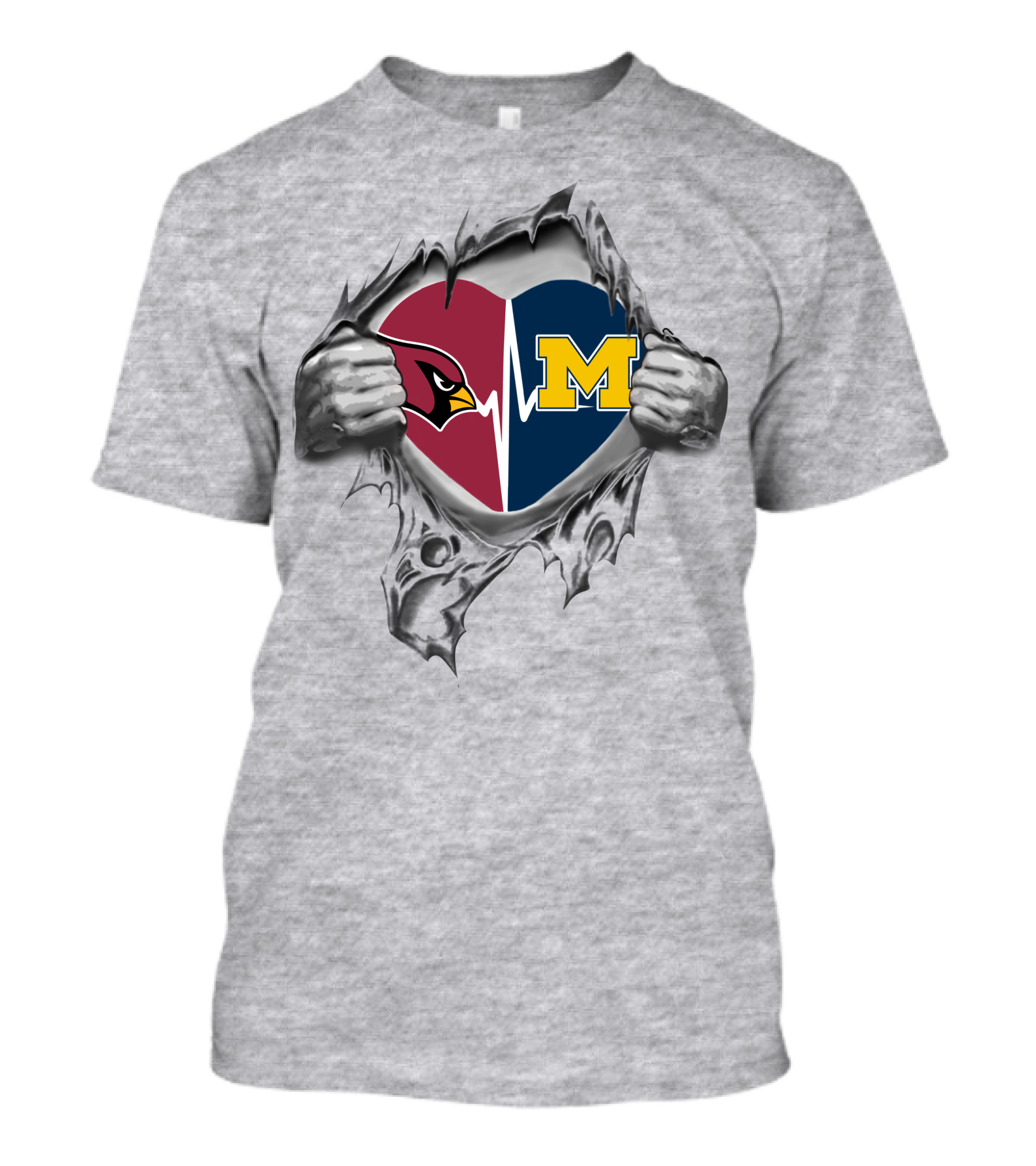 Michigan Wolverines Arizona Cardinals Heartbeat Logo Split Heart Fusion T-Shirt