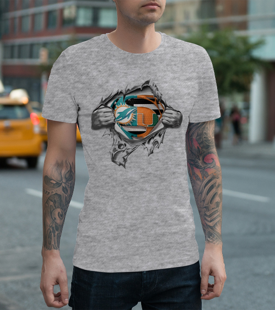 Miami Dolphins Hurricanes Superman Logo Tear Open T-Shirt