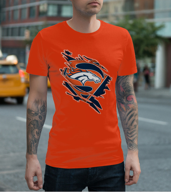 Broncos Super Logo Combines With Superhero Emblem On Bold Orange T-Shirt