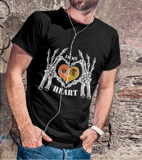 In My Heart Chicago Bears Blackhawks Logos Skeleton Hands T-Shirt