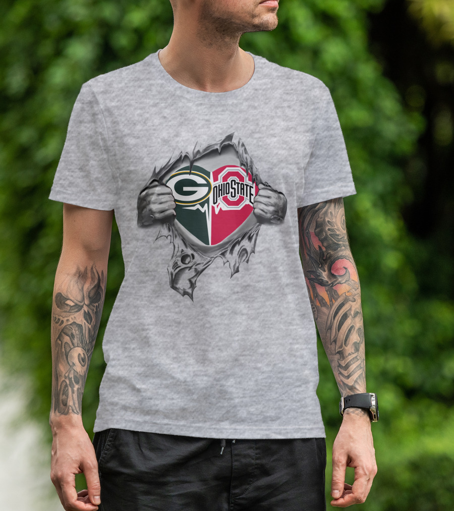 Green Bay Packers Ohio State Buckeyes Heart Design Rip Through T-Shirt