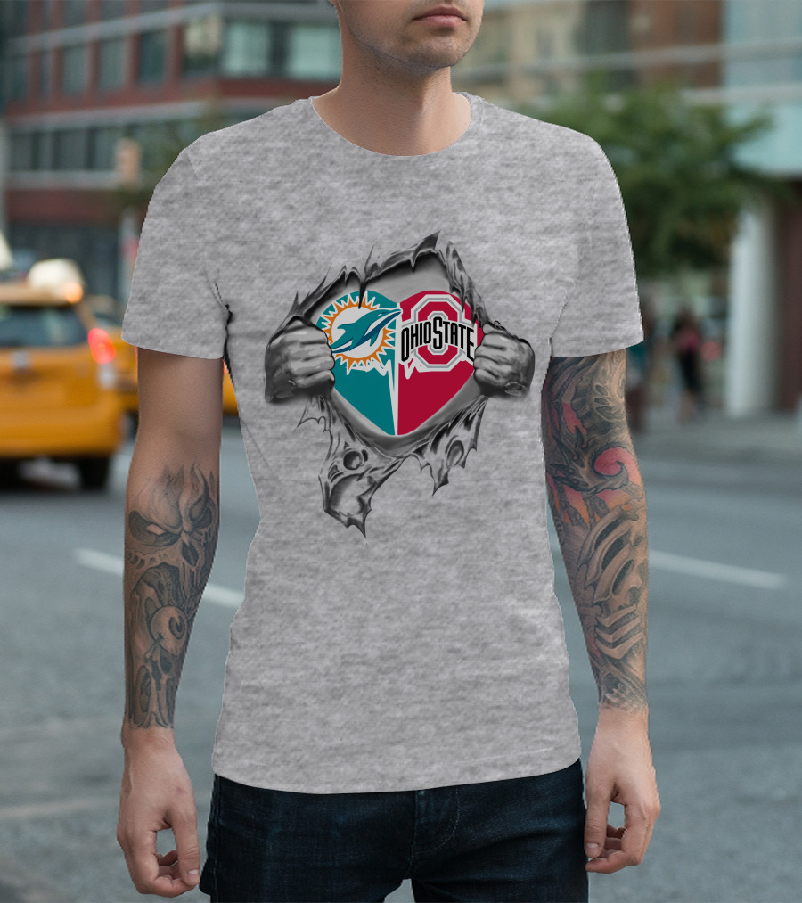Miami Dolphins Ohio State Buckeyes Heart Logo Fusion T-Shirt