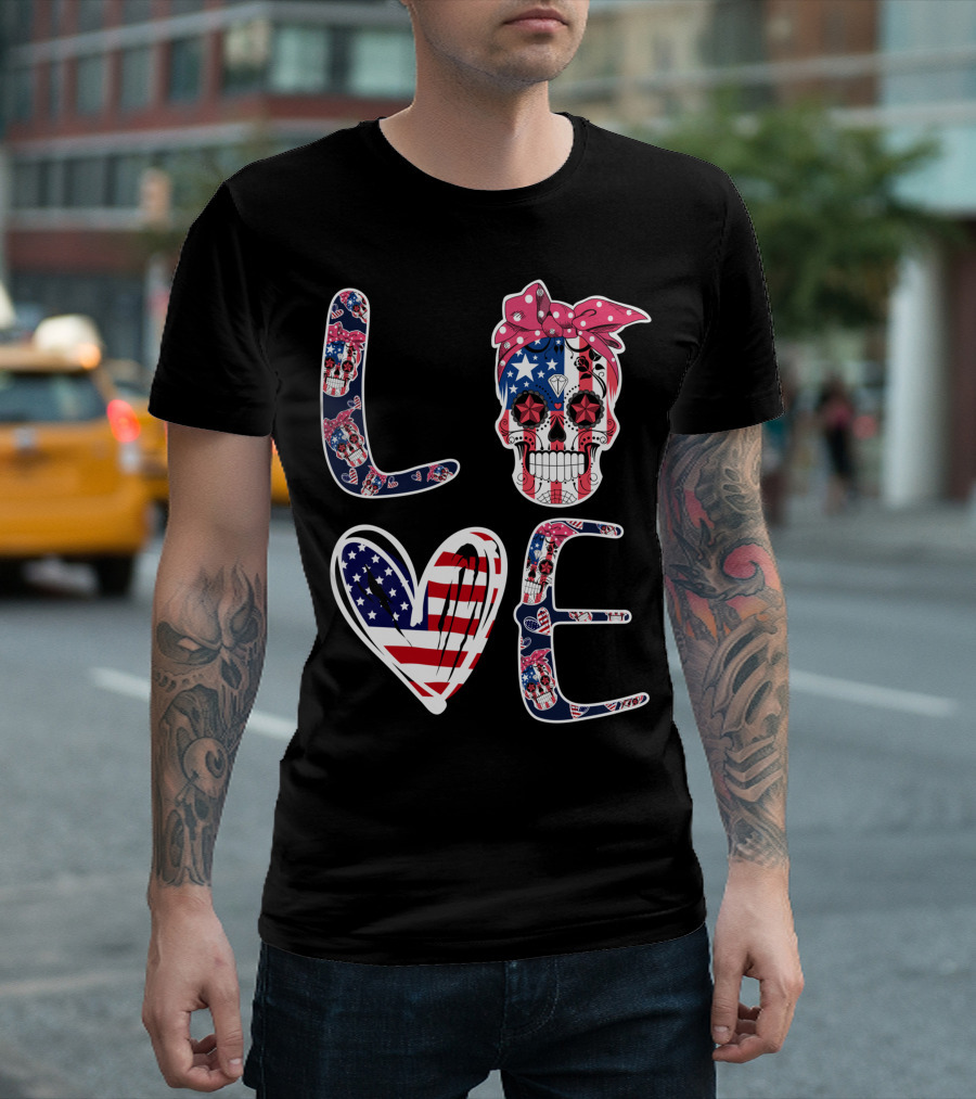 Skull Love American Flag Patriotic Bandana T-Shirt