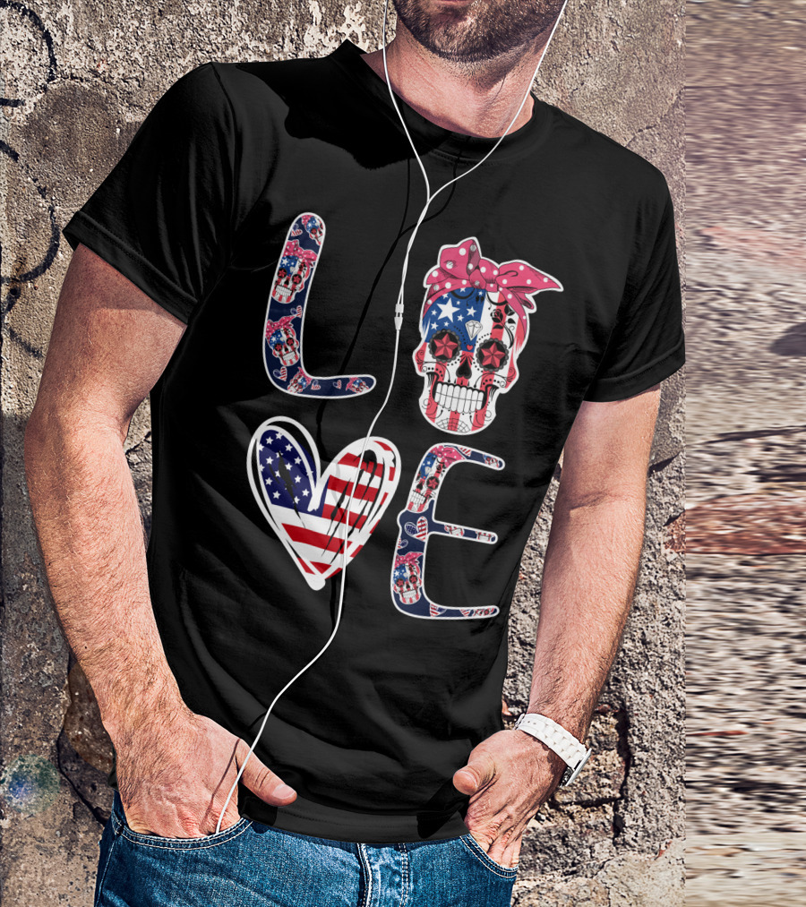 Skull Love American Flag Patriotic Bandana T-Shirt