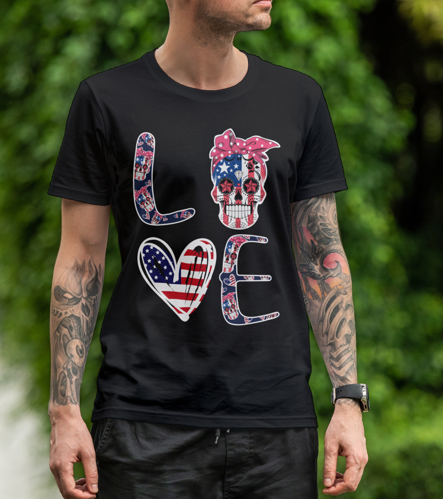 Skull Love American Flag Patriotic Bandana T-Shirt