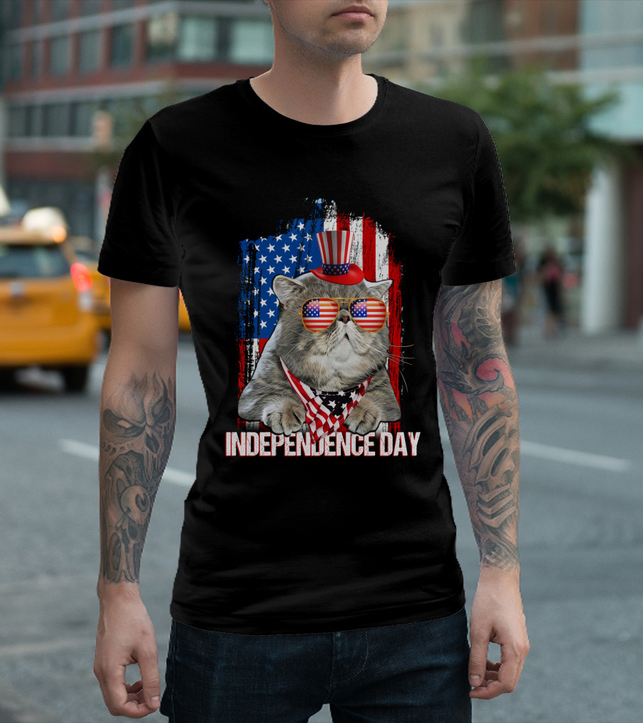 Independence Day Cat With American Flag Glasses And Top Hat T-Shirt