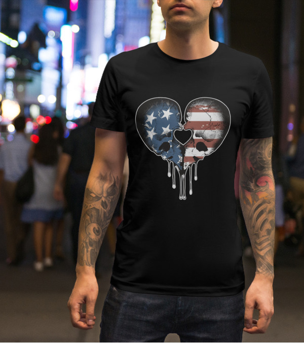 American Skulls Love Heart Stars And Stripes T-Shirt