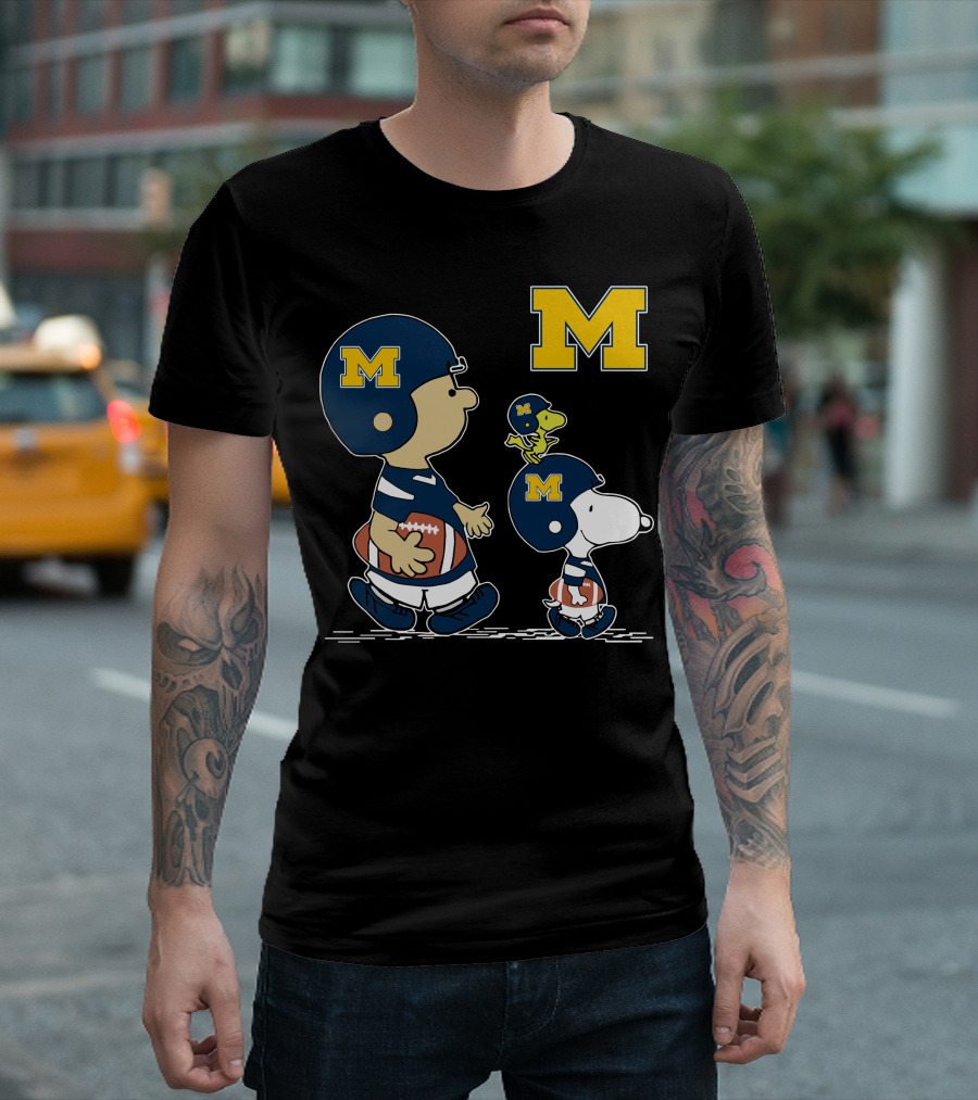 Michigan Wolverines Peanuts Football Characters With Iconic Block M T-Shirt