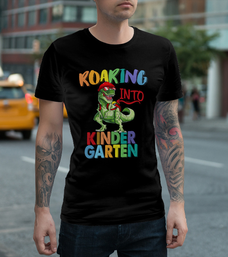 Roaring Into Kinder Garten Dinosaur With Red Cap And Backpack T-Shirt