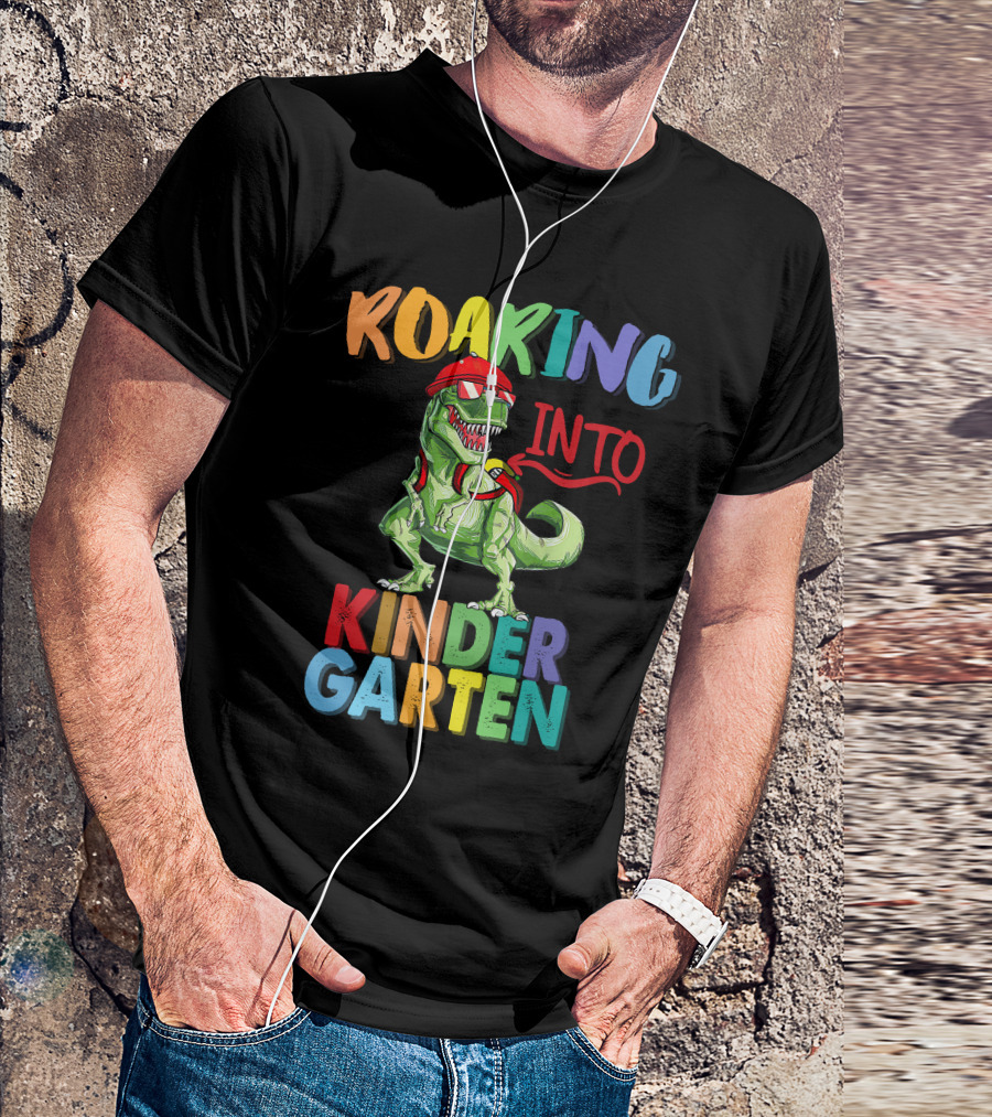 Roaring Into Kinder Garten Dinosaur With Red Cap And Backpack T-Shirt
