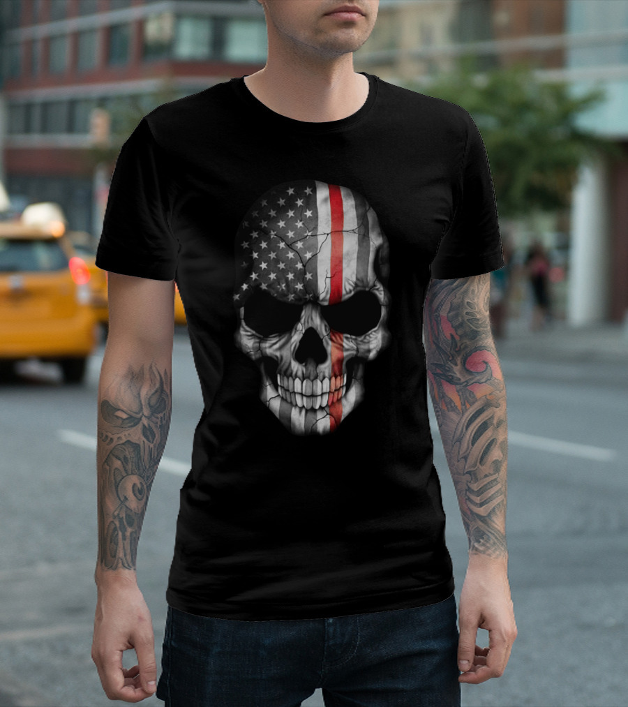American Flag Thin Red Line Skull T-Shirt
