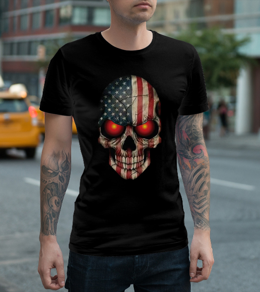 Stars And Stripes Skull With Glowing Eyes T-Shirt