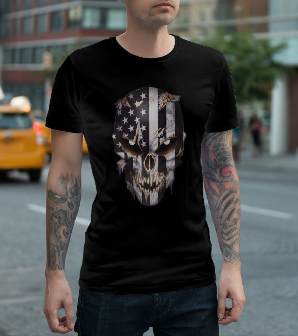 Skull With American Flag And Claw Marks T-Shirt