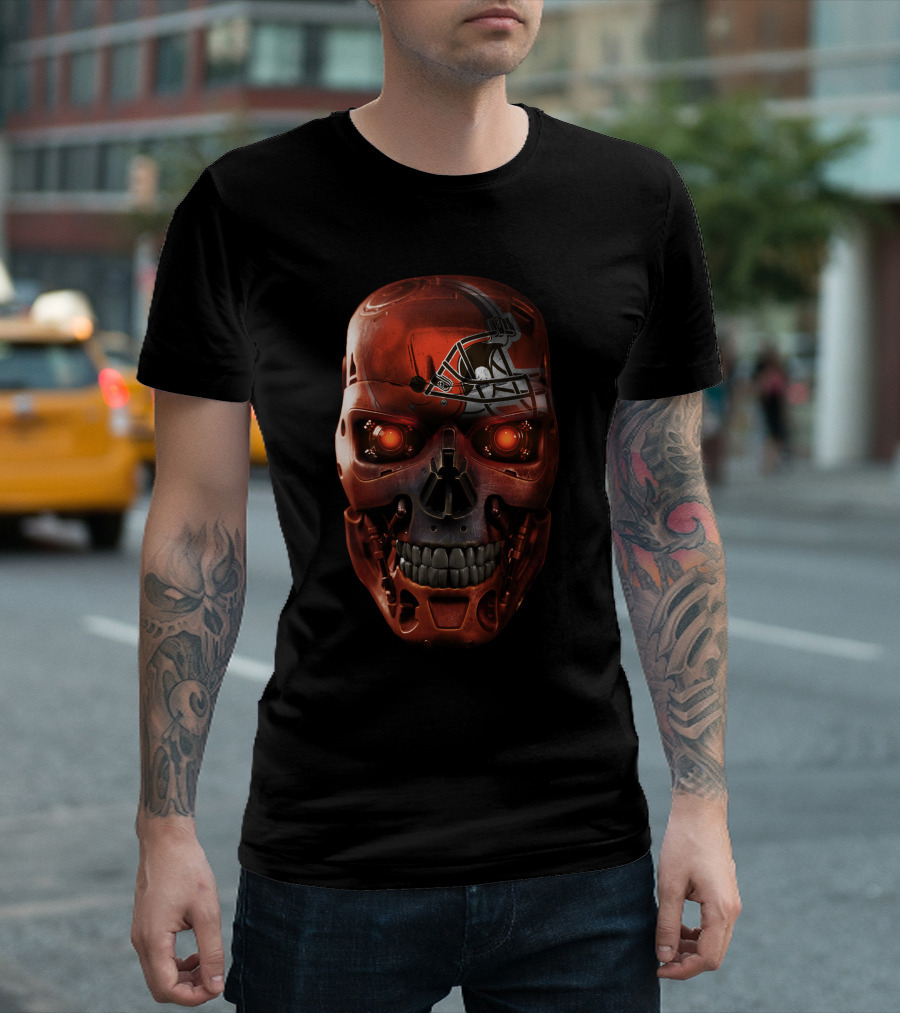 Skull Browns Football Helmet Red Glowing Eyes T-Shirt