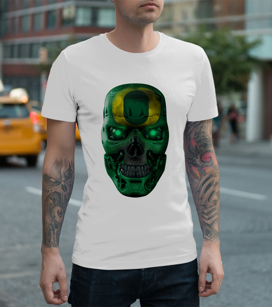Oregon Ducks Skull Robot Green Neon Eyes T-Shirt