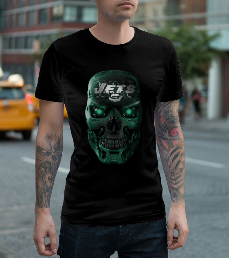 Green Robotic Skull Jets Football T-Shirt
