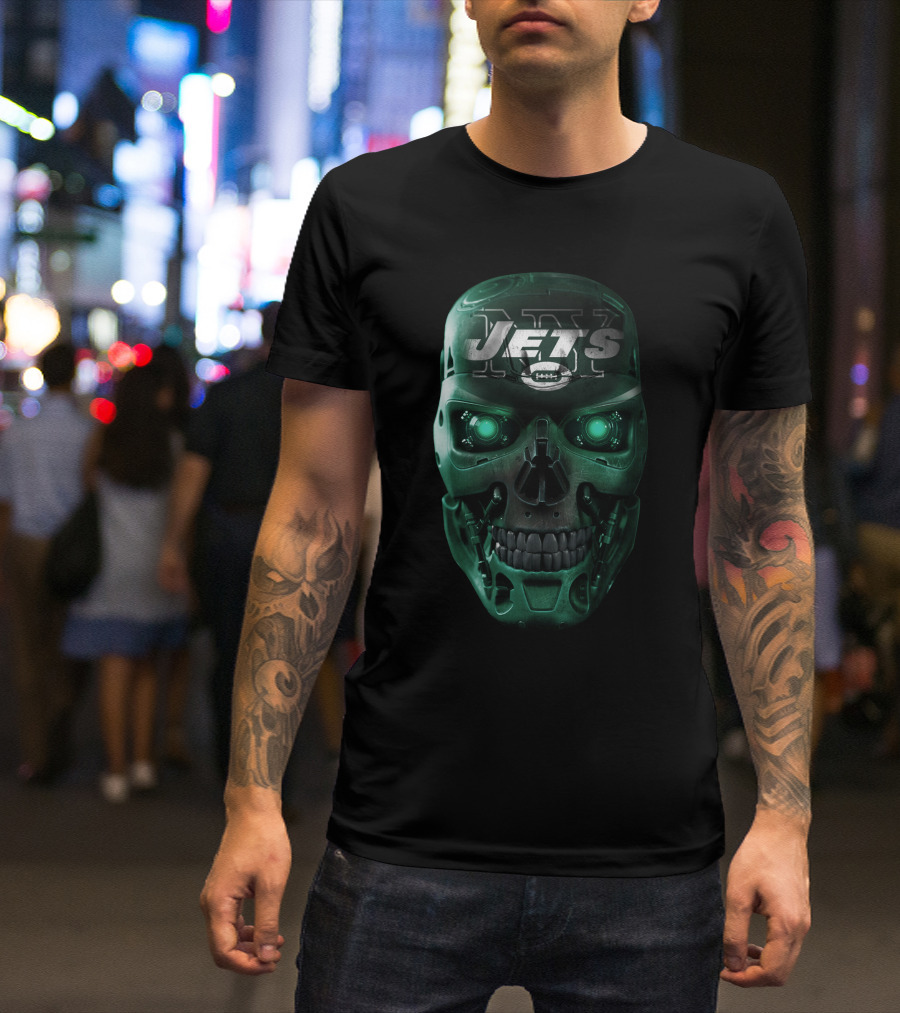 Green Robotic Skull Jets Football T-Shirt