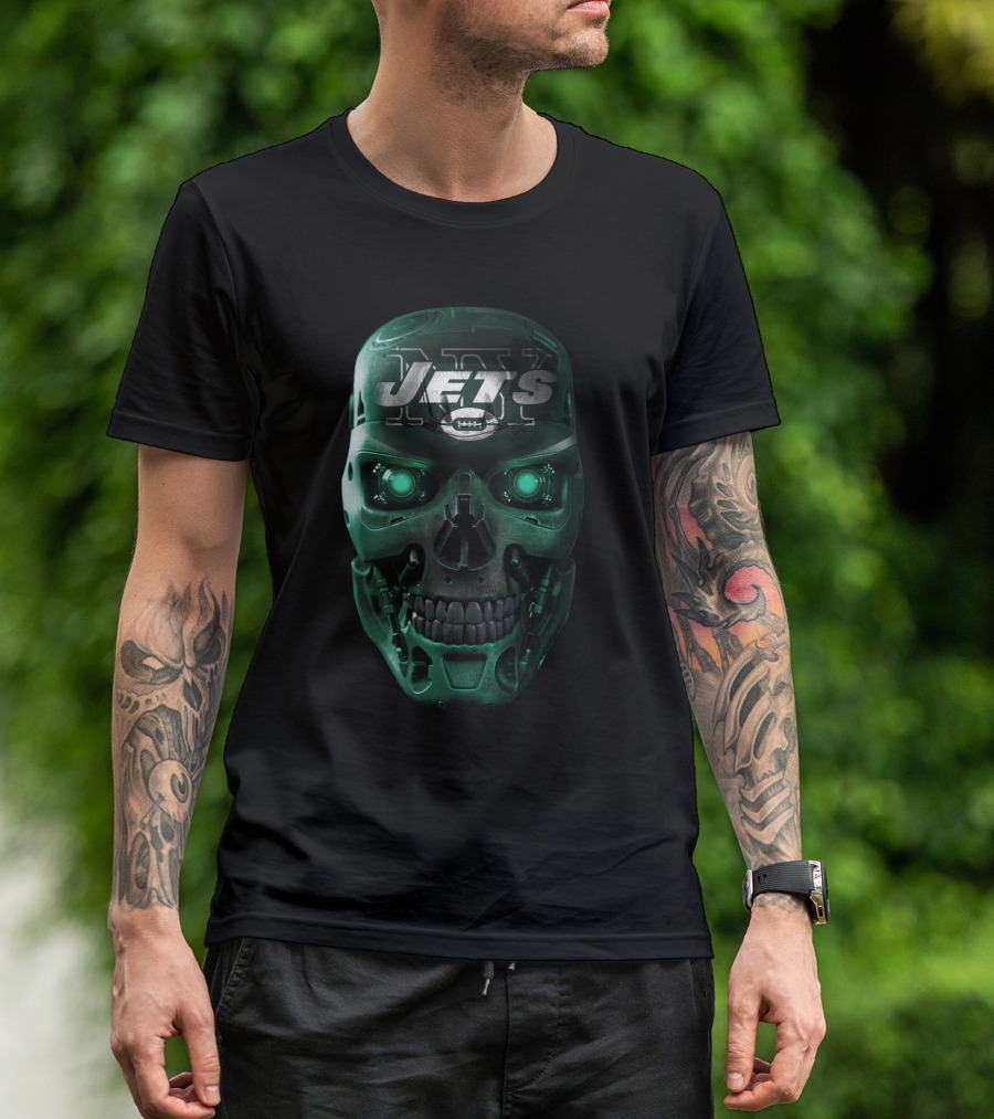 Green Robotic Skull Jets Football T-Shirt