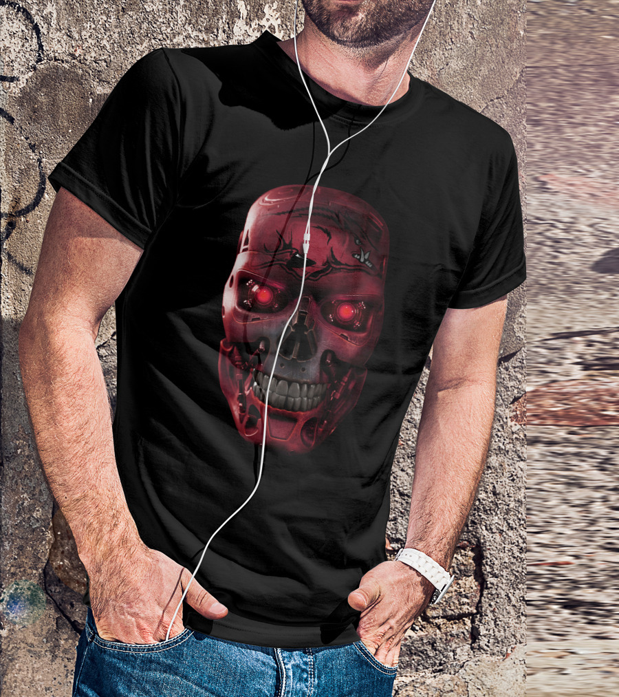 Skull Razorbacks Terminator Red Robot Face T-Shirt