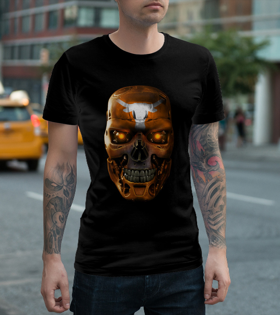 Skull Longhorns Futuristic Mechanical Face with Glowing Eyes T-Shirt