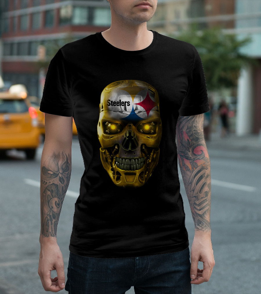 Steelers Skull Cyborg with Logo and Glowing Eyes T-Shirt