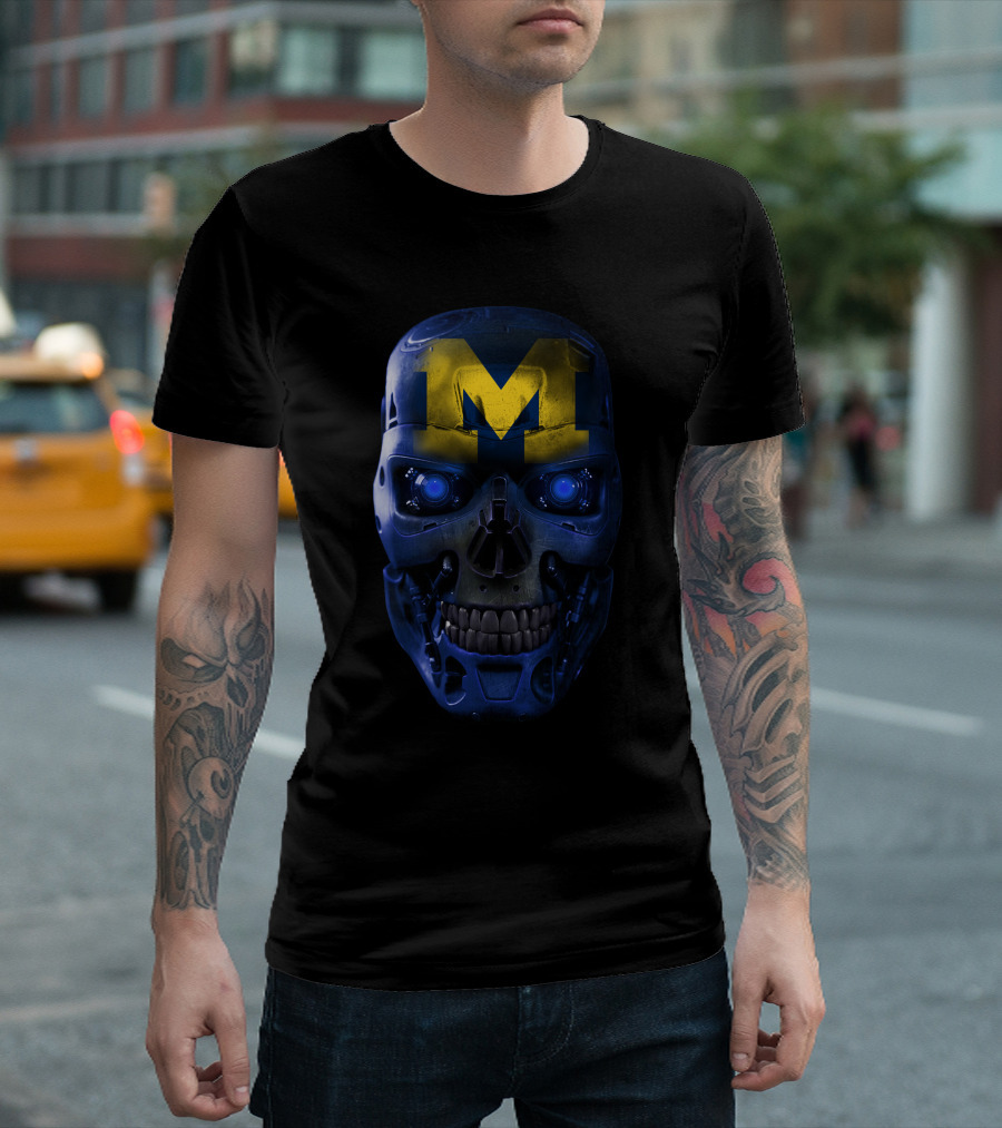 M Skull Wolverines Mech Cyborg Blue and Yellow T-Shirt