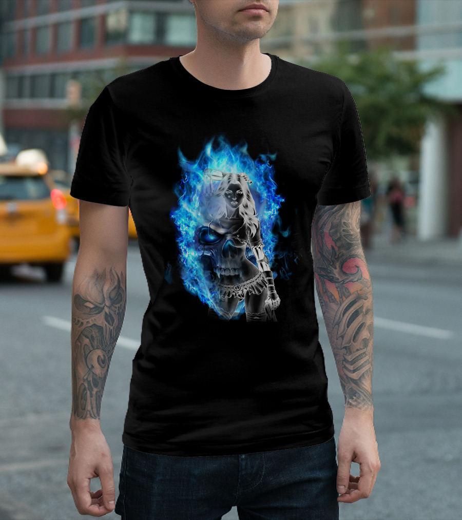 Skull Girl Blue Flames Warrior T-Shirt