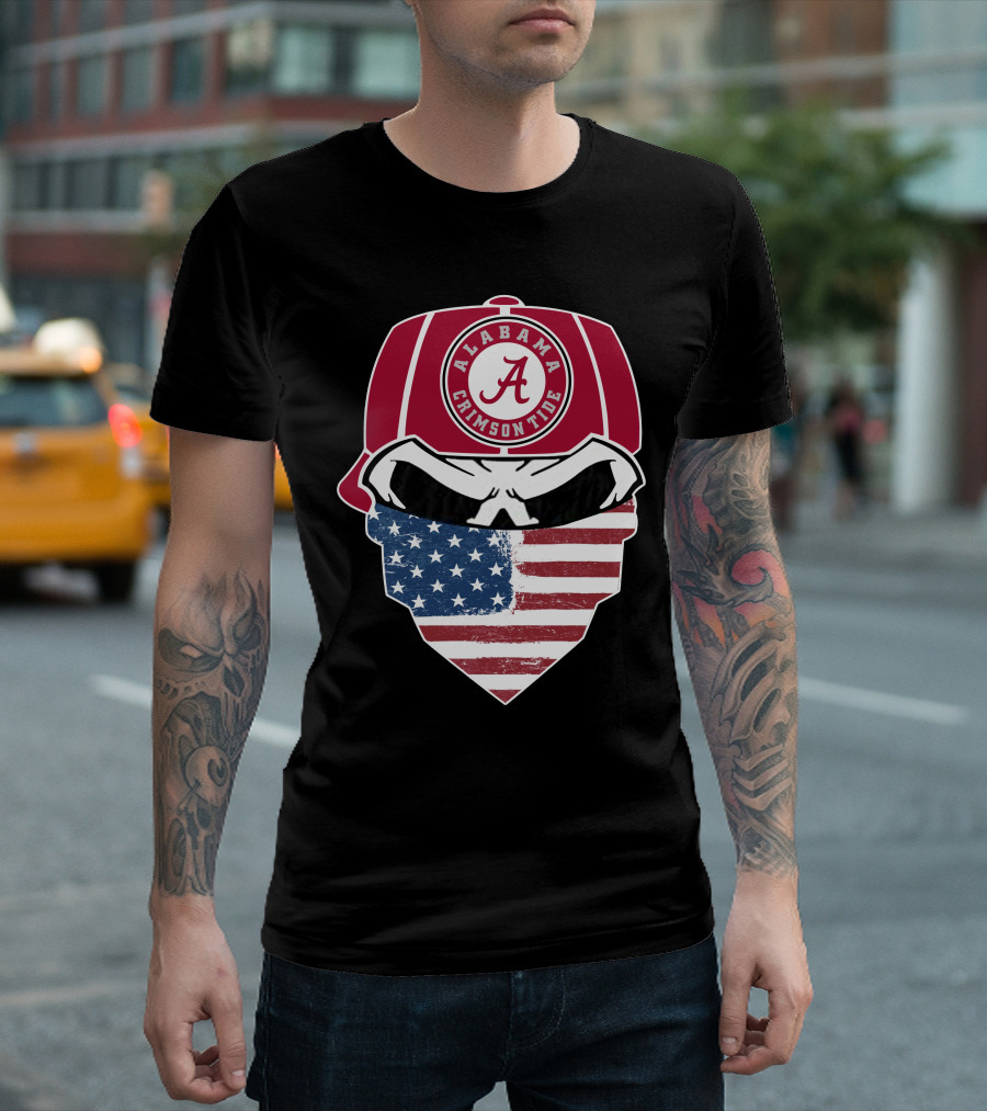 Alabama Crimson Tide Skull American Flag Bandana T-Shirt