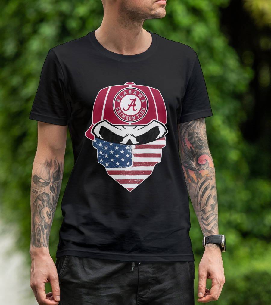 Alabama Crimson Tide Skull American Flag Bandana T-Shirt