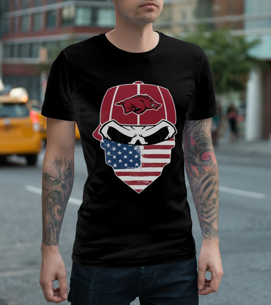 Arkansas Razorbacks Skull American Flag Bandana T-Shirt