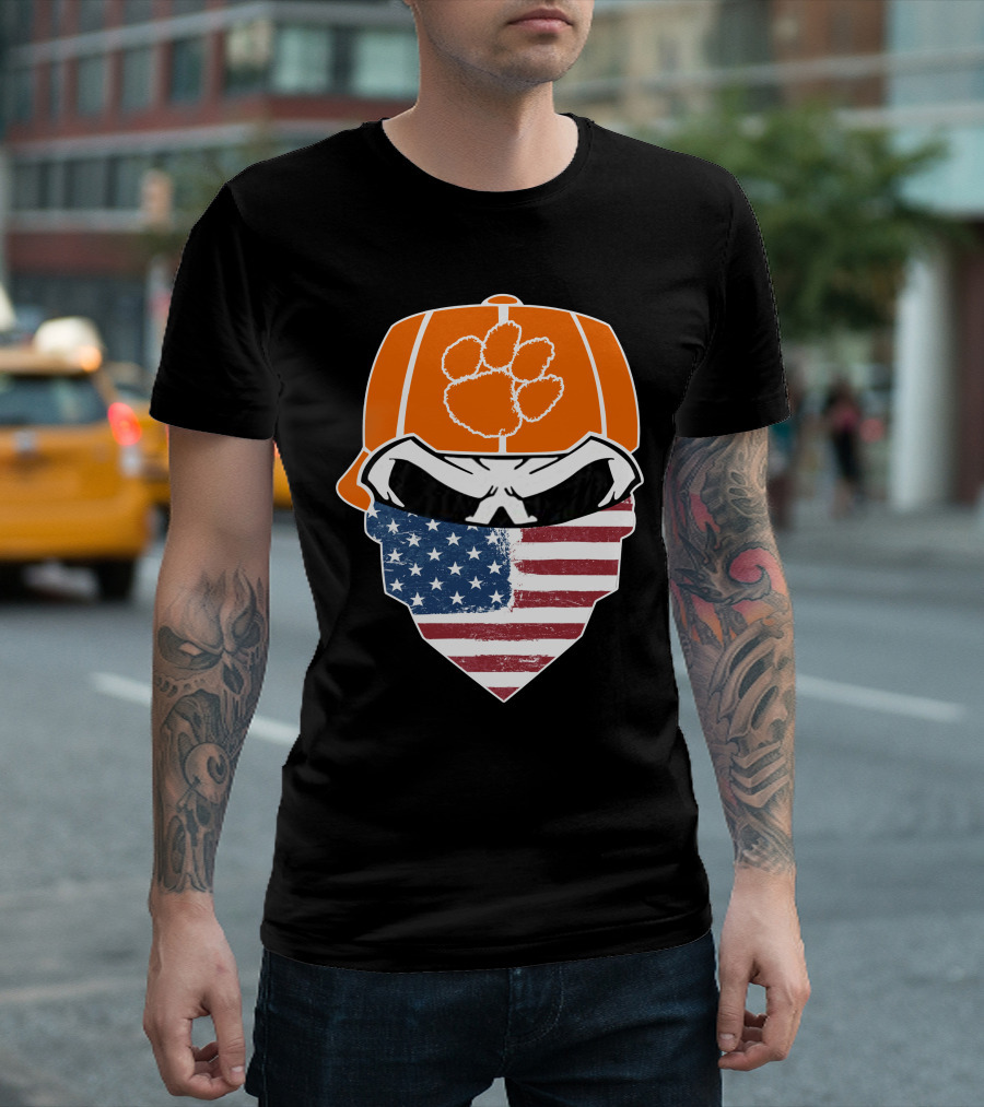 CLEMSON TIGERS Skuls Orange Cap Skull American Flag Bandana T-Shirt