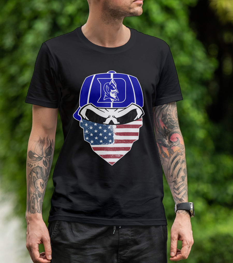 Duke Blue Devils Skulls American Flag Logo Cap Face Mask T-Shirt