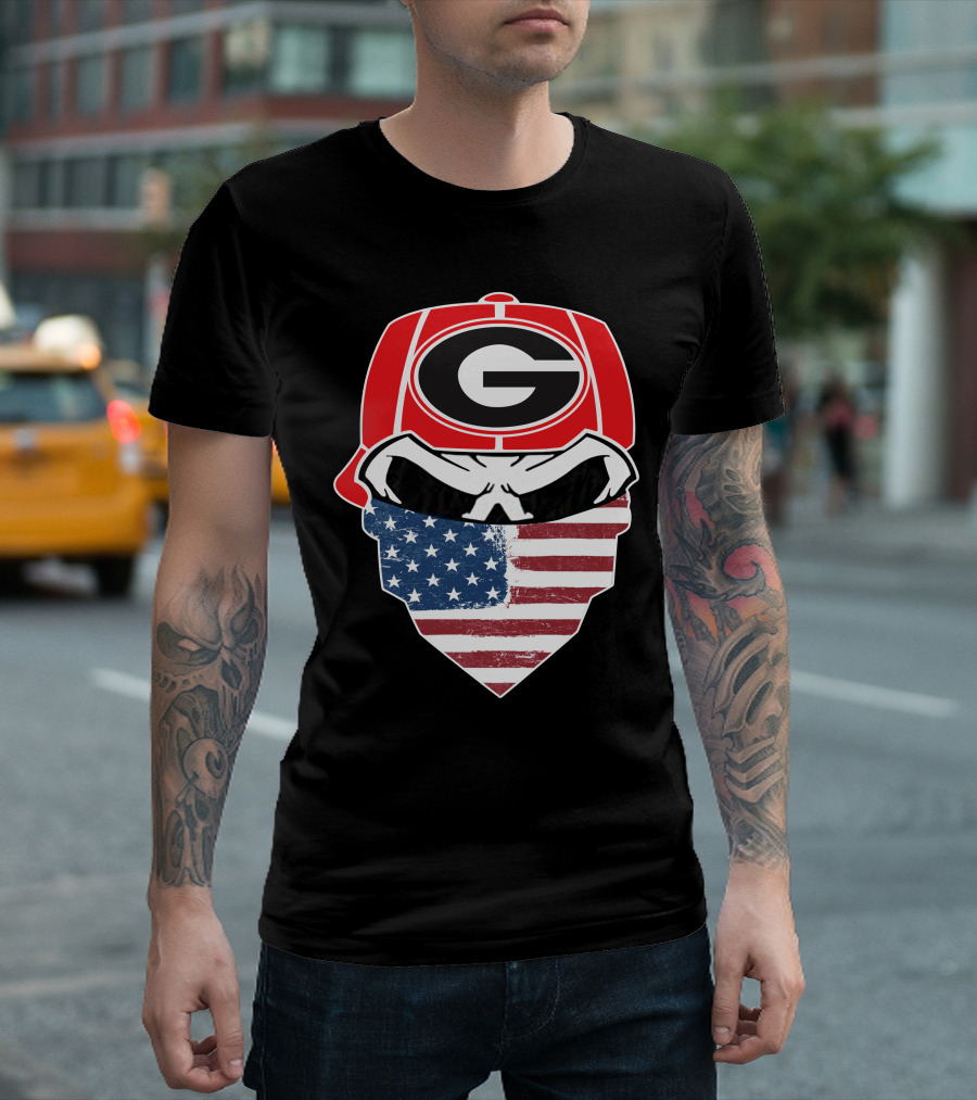 Georgia Bulldogs Skulls American Flag Bandana T-Shirt