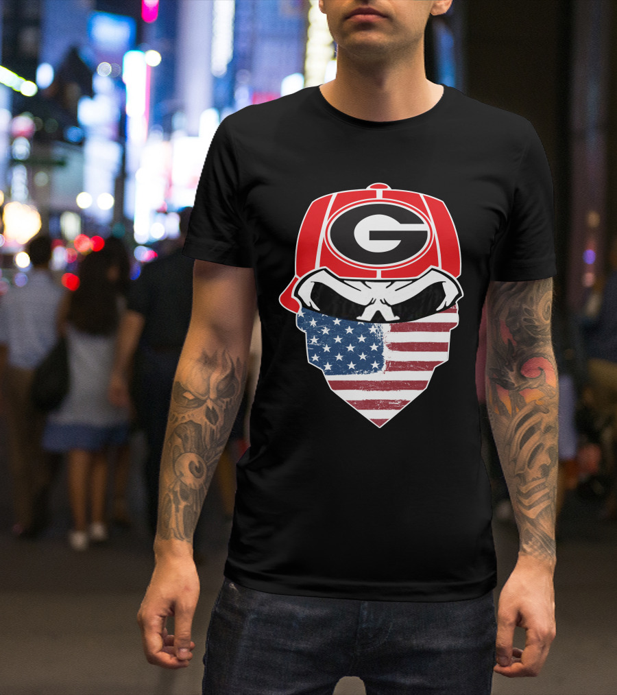 Georgia Bulldogs Skulls American Flag Bandana T-Shirt