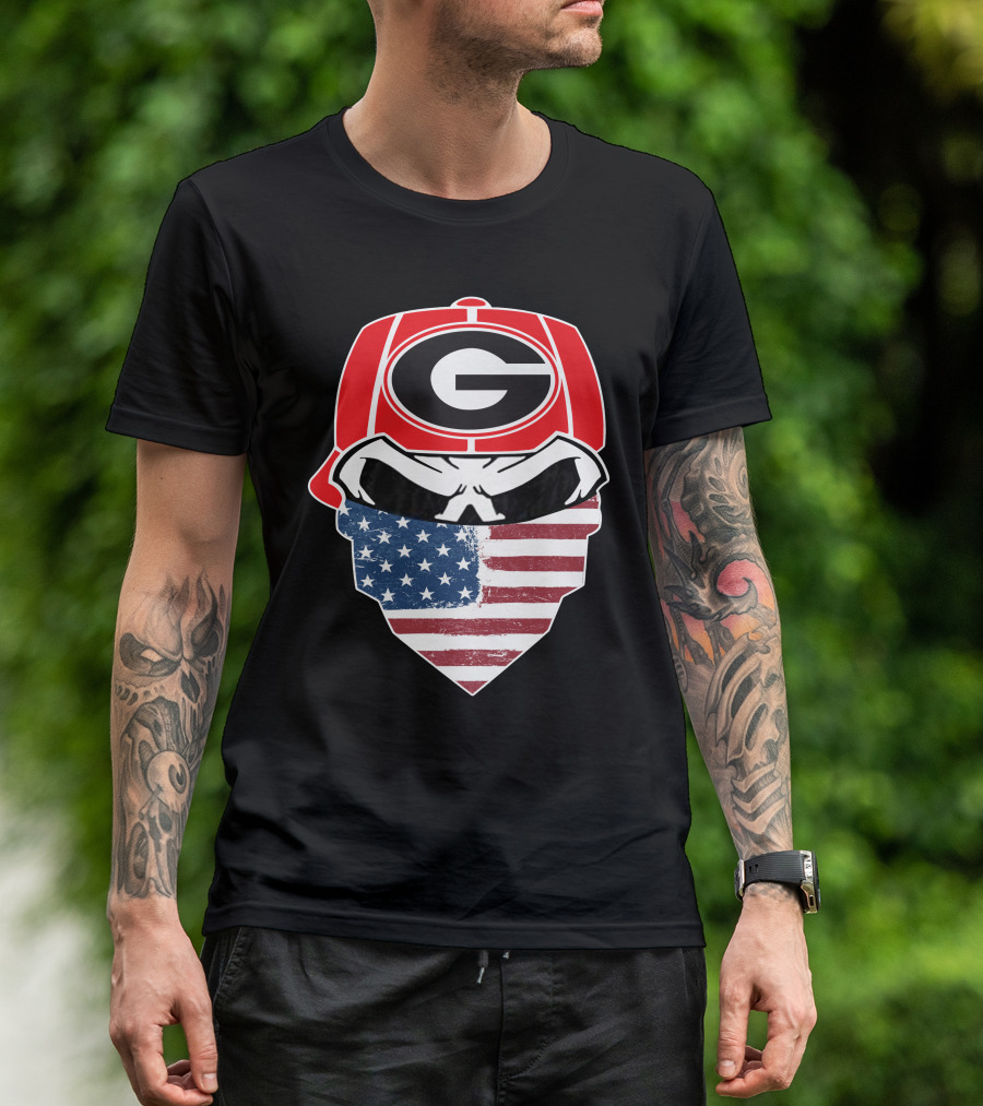 Georgia Bulldogs Skulls American Flag Bandana T-Shirt