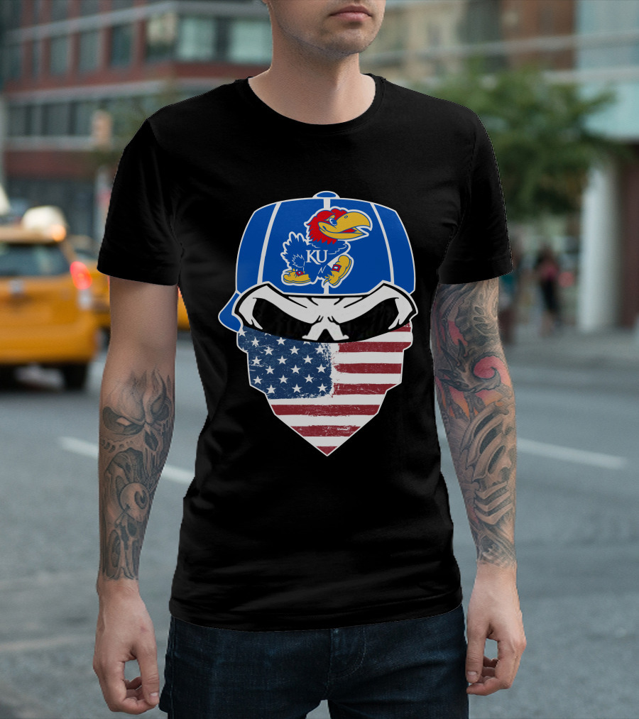 KU Jayhawks Skull American Flag Bandana Cap T-Shirt